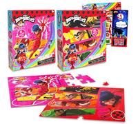 Miraculous Confezione da 2 puzzle a forma di coccinella per bambini, confezione con 2 puzzle dei cartoni animati (48 e 100 pezzi) più adesivi | Miraculous Ladybug Toys per ragazzi e ragazze