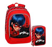 Miraculous Lady Bug Schoolpack Zaino Organizzato 3 Cerniere + Astuccio 3 zip completo di cancelleria - scuola 2019-20