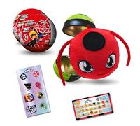 Miraculous Ladybug, giocattolo da collezione capsula 4-1,Set di 2,Miraball sorpresa: Kwami in peluche estensibile,Sfera di metallo con immagini dei personaggi, Adesivi luccicanti, Nastro per appendere