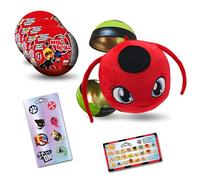 Miraculous Ladybug, giocattolo da collezione capsula 4-1, Set di 3, Miraball sorpresa: Kwami in peluche estensibile,Sfera di metallo con immagini dei personaggi,Adesivi luccicanti,Nastro per appendere