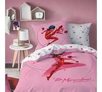 Miraculous Ladybug - Set di biancheria da letto per bambini, 135 x 200 cm, 80 x 80 cm, in 100% cotone con chiusura lampo, colore: Rosa e rosso con lato reversibile (flanella)