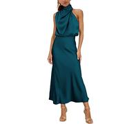 MIRGLER Abito da donna con scollo a camicia, in raso elasticizzato, vita alta, da invitata a matrimonio, da sera, da cocktail, da festa, elegante, formale, maxi, Blu pavone, L