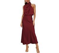 Mirgler Abito lungo elegante e formale in raso con scollo alto e vita alta per invitate a matrimoni, feste, cocktail, Vinaccia, M