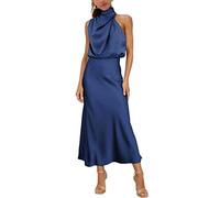 MIRGLER Maxi abito da donna in raso elastico a vita alta per matrimoni, serate, cocktail e cocktail, Navy, S