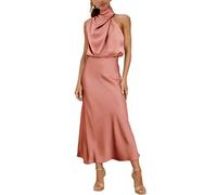 MIRGLER Maxi abito da donna in raso elastico a vita alta per matrimoni, serate, cocktail e cocktail, Rosa Al Forno, L