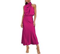 MIRGLER Maxi abito da donna in raso elastico a vita alta per matrimoni, serate, cocktail e cocktail, Rosa caldo, L