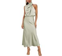 MIRGLER Maxi abito da donna in raso elastico a vita alta per matrimoni, serate, cocktail e cocktail, Verde muschio, L