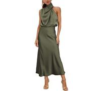 MIRGLER Maxi abito da donna in raso elastico a vita alta per matrimoni, serate, cocktail e cocktail, Verde militare, S
