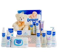 Mirifarma Cesto per bambini Super Pack | Cesto regalo per neonati e neonati, igiene e bagno con orsacchiotto beige, gel, shampoo, colonia, balsamo, olio massaggio, salviettine e pannolini (rosa)