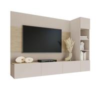 Mirjan24 Parete da parete Deromi, con pannelli da parete e pannello TV, pannelli acustici, armadio, parete multimediale, TV (beige sabbia + rovere cremona, 1 mensola sospesa)