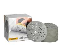 Mirka Iridium Premium carta abrasiva Ø 125 mm a strappo 89 fori, grana 180, 100 pz, Per la levigatura di vernice, stucco, fondo, legno, acciaio, materiali minerali, plastica