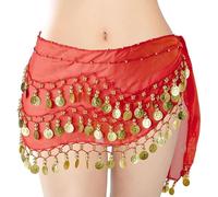 MIRKUZI Gonne da danza per donna Cintura/sciarpa da danza del ventre da donna, in chiffon, decorata con monete, utilizzabile come asciugamano per i fianchi,sciarpa con monete per la danza del ventre