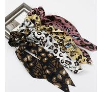Mirlern 4 elastici per capelli in raso di seta, per donne e ragazze, nessun danno, graziosi elastici per capelli, con fiocco, elastici per coda di cavallo, con stampa leopardata