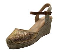 Miro Boho Chic Donna Piattaforma Iuta Sandali Zeppe Sparto con Pizzo E Cinturino alla Caviglia Scarpe Sposa Espadrillas Matrimonio. Bohemien, Dorato Spiga, 41 EU