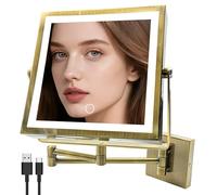 MIROAMZ Specchio da trucco illuminato da parete, ricaricabile su entrambi i lati, specchio ingranditore 1X/10X con luce, luci a 3 colori, rotazione a 360° braccio estensibile (ottone anticato)