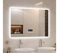 Miroir de Salle de Bain LED avec éclairage 80 x 60 cm, Interrupteur Tactile, 3 Couleurs d'éclairage réglables, Affichage de l'heure et de la température, antibuée, économie d'énergie, Miroir Mural