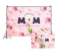 MIRRORANG 1,5 x 1 m Happy Mother's Day Sfondo I Love You Mom Daisy Flowers Heart Ribbon Regali Sfondo rosa per Fotografia Festa della Mamma Evento Donne Festa della Regina Festa Foto Studio Prop