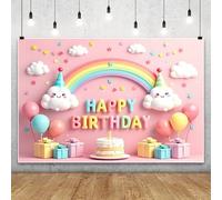 MIRRORANG 1,5x1m Cartone Animato Felice Compleanno Sfondo Arcobaleno Nuvola Torta Scatole Partito Fotografia Sfondo per le Celebrazioni di Compleanno Photo Booth Oggetti di Scena
