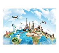 MIRRORANG 1,5x1m Intorno al Mondo Sfondo per la Edifici Famosi Punti di riferimento Mappa del Mondo Sfondo Foto Bambini Adulti Festa di Compleanno Baby Shower Photo Booth Banner Decorativo