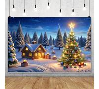 MIRRORANG 1.5x1m Sfondo natalizio invernale con casa in legno, alberi di Natale, pini, paesaggio innevato, sfondo fotografico per decorazioni natalizie, capodanno e feste in casa