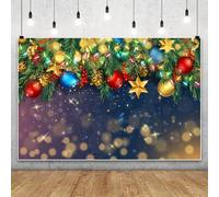 MIRRORANG 2.7x1.8m Sfondo di Buon Natale con palline di Natale, pigne, agrifoglio, glitter, bokeh, sfondo fotografico per la stagione invernale, decorazioni per feste di Capodanno in famiglia