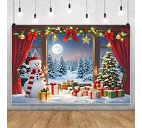 MIRRORANG 3.5x3m Sfondo natalizio con pupazzo di neve, finestra, luna piena, pineta, paesaggio innevato, sfondo fotografico notturno per decorazioni natalizie, feste in casa