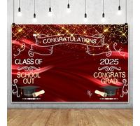 MIRRORANG 3x2,5m Sfondo di Laurea Rosso Congratulazioni Classe di 2025 Diploma Glitter Cappello Fotografia Sfondo per la Scuola di Laurea Cerimonia Photo Booth Oggetti di Scena