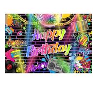 MIRRORANG 3x2m Buon Compleanno Sfondo Discoteche Tema Colorato Graffiti Muro di Mattoni Neon Radio Hip Hop Stile Foto Sfondo 70 '80 Festa di Compleanno Decorazione Banner Adulti Ritratto Photo Booth