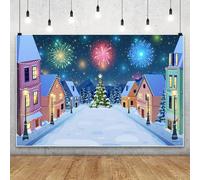 MIRRORANG 3x2m Paesaggio invernale innevato, sfondo notturno, albero di Natale, fuochi d'artificio colorati, strade cittadine, sfondo fotografico all'aperto, decorazioni per feste di Capodanno