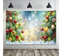MIRRORANG 3x2m Sfondo natalizio, palline di Natale rosse e dorate, pigne, rami, fiocco di neve, sfondo bokeh glitterato per fotografia, banner fotografico per feste di Capodanno