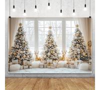 MIRRORANG 4.2x3m Sfondo bianco natalizio con cervi dorati e tre alberi di Natale, sfondo decorativo per interni, per fotografia, decorazioni invernali per pareti di casa e feste in famiglia