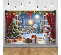 MIRRORANG 4.2x3m Sfondo invernale con paesaggio innevato, casa nella foresta, pupazzo di neve, albero di Natale, luna e stelle, sfondo fotografico notturno, decorazioni per feste in casa