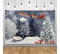 MIRRORANG 4.2x3m Sfondo invernale con paesaggio notturno innevato, pineta, albero di Natale, slitta di cervi, Babbo Natale, sfondo fotografico per decorazioni per feste di Capodanno in famiglia