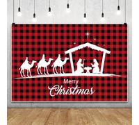 MIRRORANG 4.5x3m Sfondo natalizio a quadri rosso e nero con motivo Buffalo, Natività di Gesù, Notte Santa, Sfondo fotografico per feste religiose invernali, Natale, Baby Shower