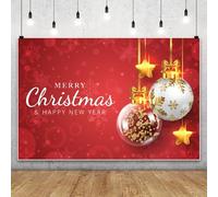 MIRRORANG 4.5x3m Sfondo rosso di Natale e Capodanno, palline di Natale, fiocchi di neve, stelle dorate, sfondo fotografico, stagione invernale, striscione per feste in casa