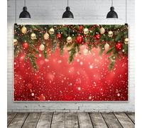 MIRRORANG 4.5x3m Sfondo rosso natalizio, rami di pino, palline dorate e rosse, sfondo fotografico glitterato, decorazioni invernali per capodanno, festa in casa, baby shower