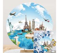 MIRRORANG Diametro 1,5m Rotondo Globetrotting Sfondo Copertura Famoso Mondo Architettura Mappa Fotografia Sfondo Matrimonio Festa di Compleanno Baby Shower Photo Studio Oggetti di Scena, Poliestere