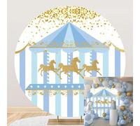 MIRRORANG Diametro 1,8m Sfondi rotondi a tema circo blu cavallo d'oro parco dei divertimenti carosello sfondi fotografici supporti per feste di compleanno per ragazzi e ragazze, Poliestere