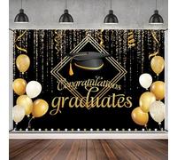 MIRRORANG Poliéster 1,8x1,1m Nero Oro Congratulazioni Laureati Banner, Laurea Banner, Scintillio Palloncini Cap Laurea Festa Forniture, Congratulazioni Laurea Decorazioni Sfondo