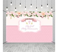 MIRRORANG Poliestere 1,8 x 1,1 m Prima Comunione Party Decor Banner Rosa Battesimo Banner Floreale Dio Benedica Baby Shower Sfondo Neonato Neonato Sfondo Foto