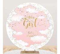 MIRRORANG Polyester Diametro 1.25m È una ragazza, sfondo rotondo rosa dolce per baby shower, stelle dorate, nuvole bianche, motivo fotografico, per decorazioni per feste di compleanno di neonati