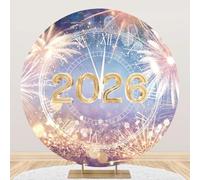 MIRRORANG Polyester Diametro 2.2m Sfondo rotondo viola e blu per la fotografia di fuochi d'artificio con orologio del 2026, sfondo per anniversario, festa della memoria, Capodanno, decorazioni