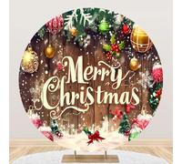 MIRRORANG Polyester Diametro 2.3m Sfondo rotondo in legno per Natale, palline di Natale dorate, agrifoglio, foglie di pino, fiocchi di neve, sfondo fotografico, decorazione per feste in famiglia