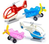 Mirthben Set di 4 mattoncini da costruzione, grandi pietre con 2 elicotteri + 2 aerei da combattimento, rotori e ruote girevoli, compatibile con DUPLO, accessori per bambini dai 3 anni in su