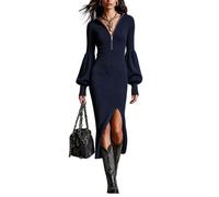 MIRVOXUD Abito Maglia Scollo V Donna Zip Spacco Maniche Balloon Midi | Abito midi in maglia scollo V con zip spacco laterale maniche balloon vestibilità slim gonna a tubino per autunno inverno
