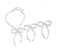 Mirweon Set di gioielli con collana e orecchini dal design unico con perle accentate con fiocco, versatile per abiti casual, eventi formali, set di gioielli con design a fiocco alla moda