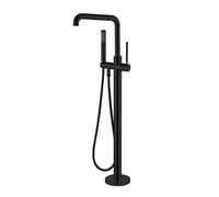 Miscelatore a pavimento nero opaco per vasca da bagno freestanding, colonna tonda da terra in ottone con doccino monogetto e flessibile