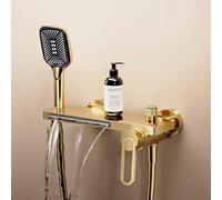 Miscelatore da bagno montato a parete a cascata rubinetto a leva a leva singola miscelatore in ottone riempitore di riempitore per vano da bagno con la doccia portatile, oro spazzolato LWX