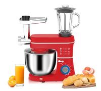 Miscelatore da Supporto da 5 in 1, con Miscelatore di Cucina elettrica a 6 Litri, 10 Litri con Ciotola in Acciaio Inossidabile, Barattolo di Vetro da 1,5 Litri, smerigliatrice per Carne, Gancio Red