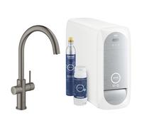 Grohe Blue Home Mitigeur monocommandé pour évier Starter Kit, portée 224mm, bec en C, avec fonction filtre et refroidissement, 31455AL1, 31455AL1, Colorazione: grafite dura spazzolata